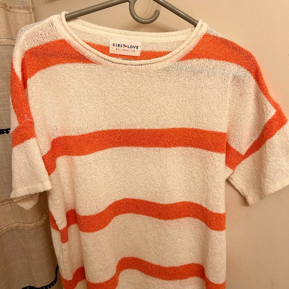 First Love Coral and White Striped Sweater - Size small